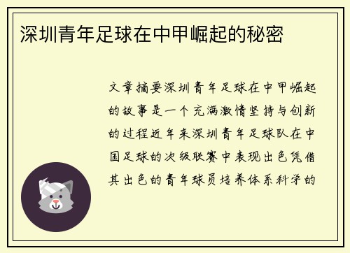 深圳青年足球在中甲崛起的秘密
